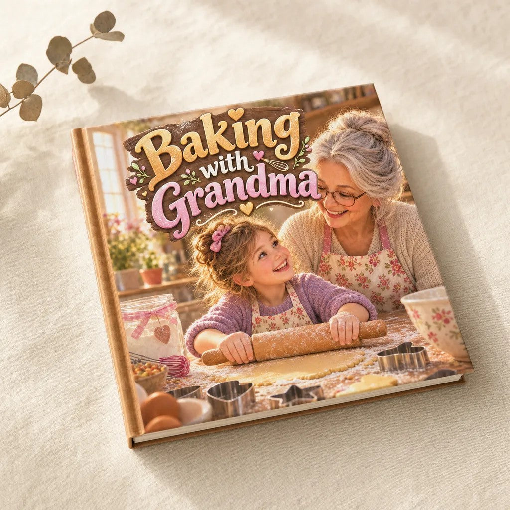 Baking with Grandma personalised hardcover book, flat lay