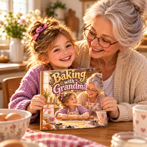 Child holding the Baking with Grandma personalised book