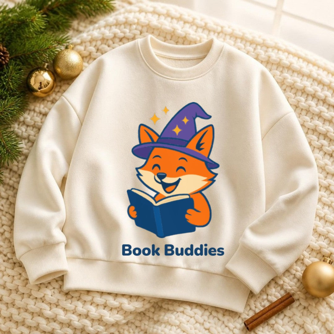 Bookie Sweatshirt, cream, with the BookBuddies fox