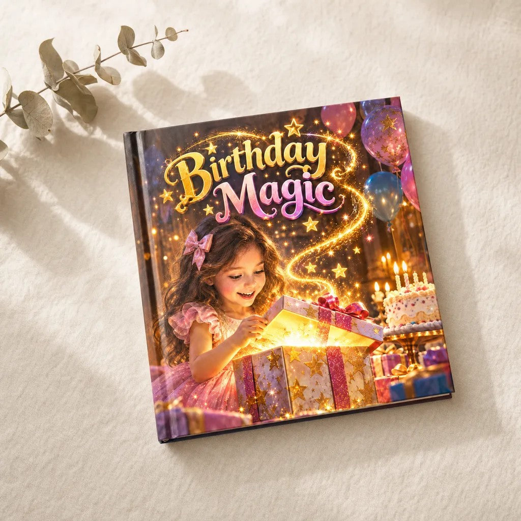Birthday Magic personalised hardcover book, flat lay