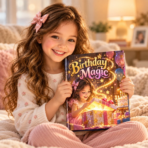 Child holding the Birthday Magic personalised book