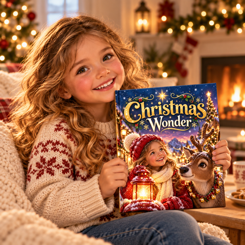 Child holding the Christmas Wonder personalised book