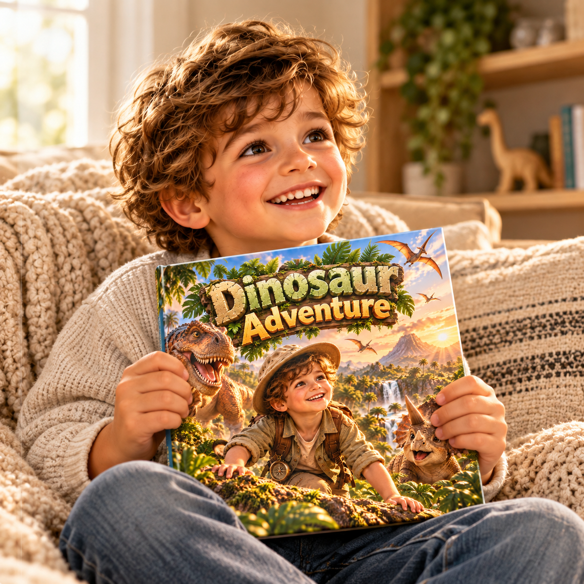 Child holding the Dinosaur Adventure personalised book