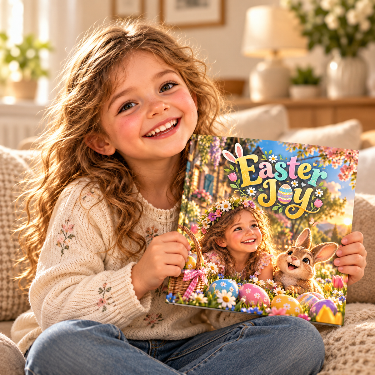 Child holding the Easter Joy personalised book