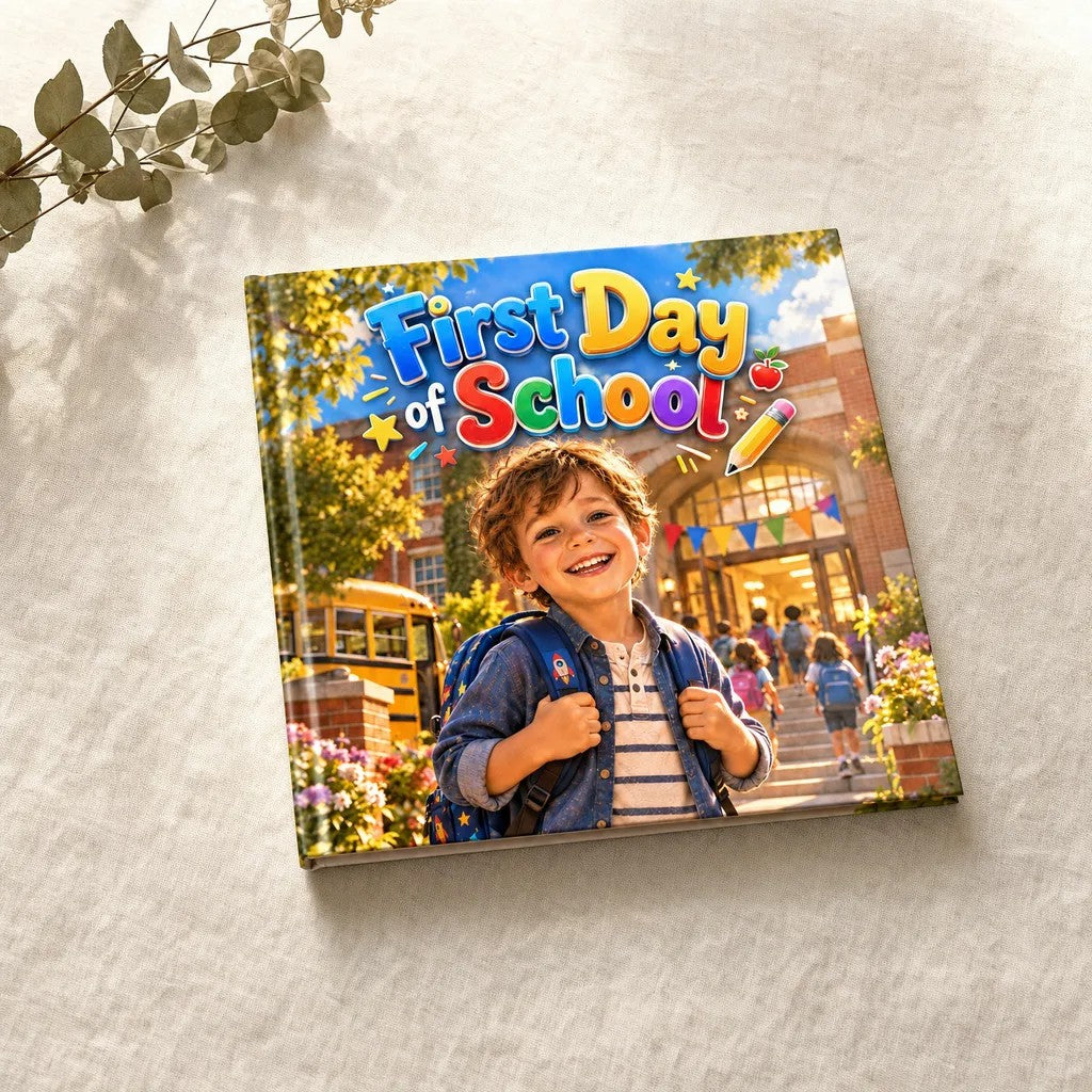 First Day of School personalised hardcover book, flat lay