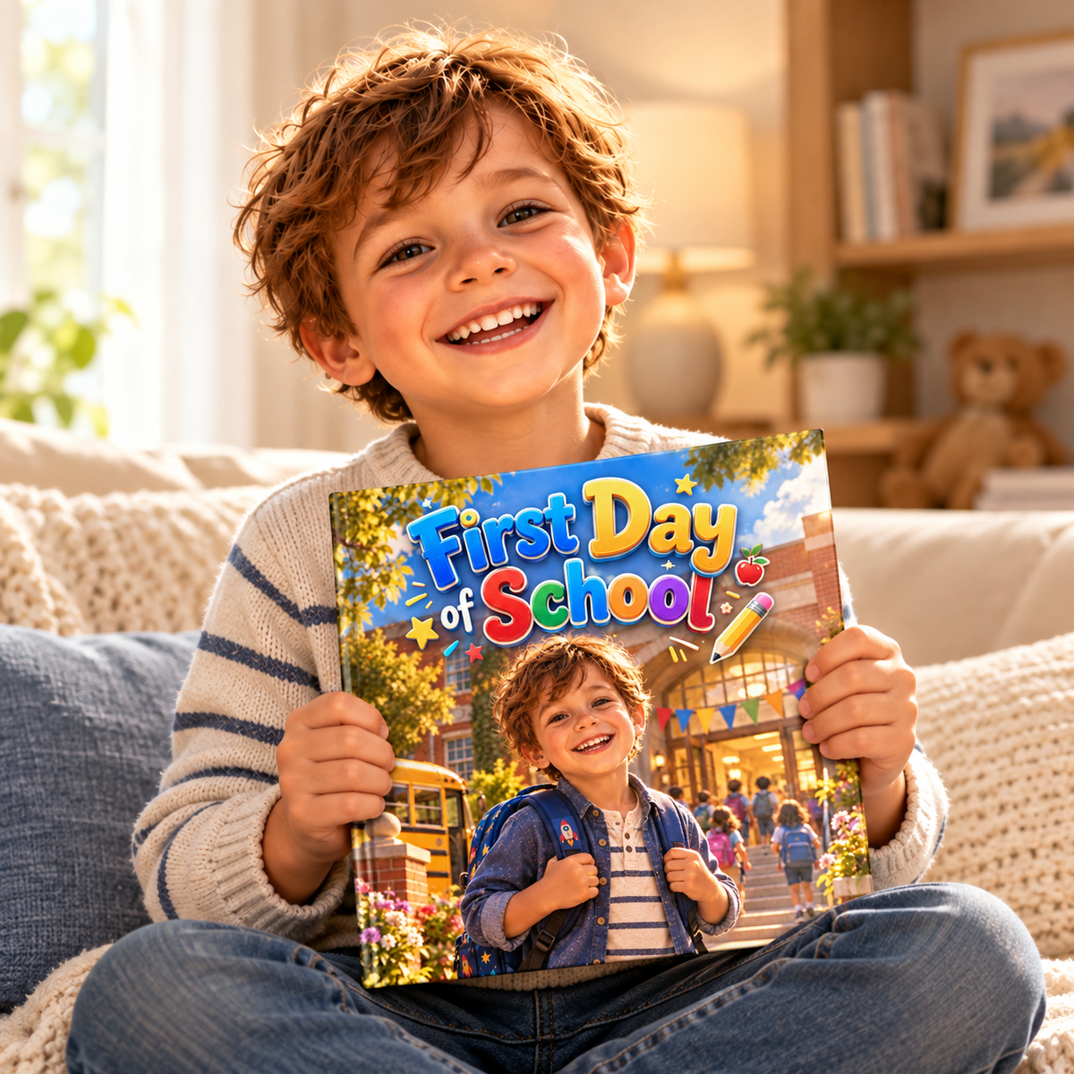 Child holding the First Day of School personalised book