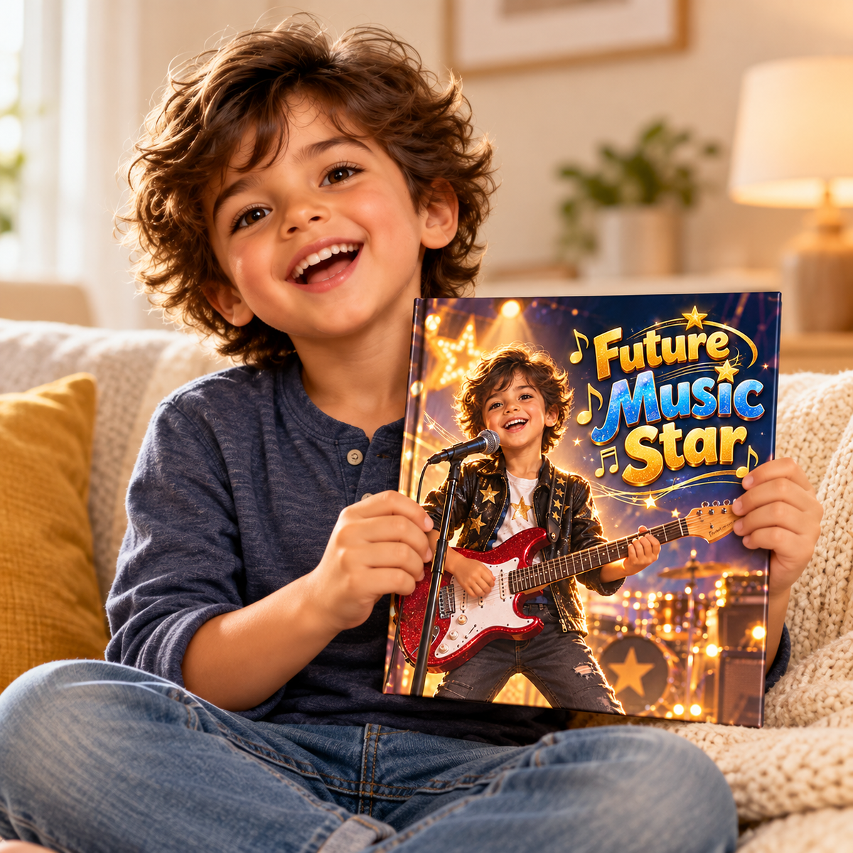 Child holding the Future Music Star personalised book