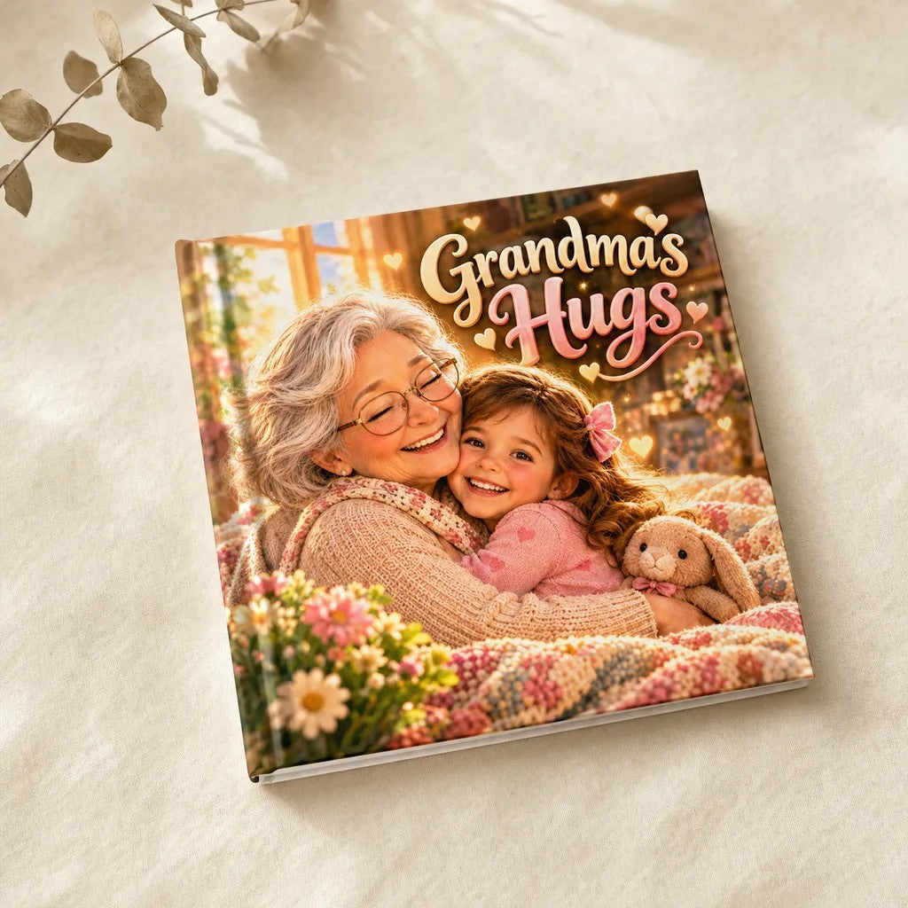 Grandma's Hugs personalised hardcover book, flat lay