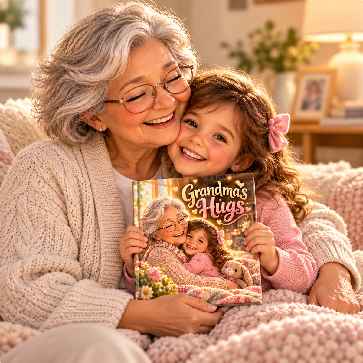 Child holding the Grandma's Hugs personalised book