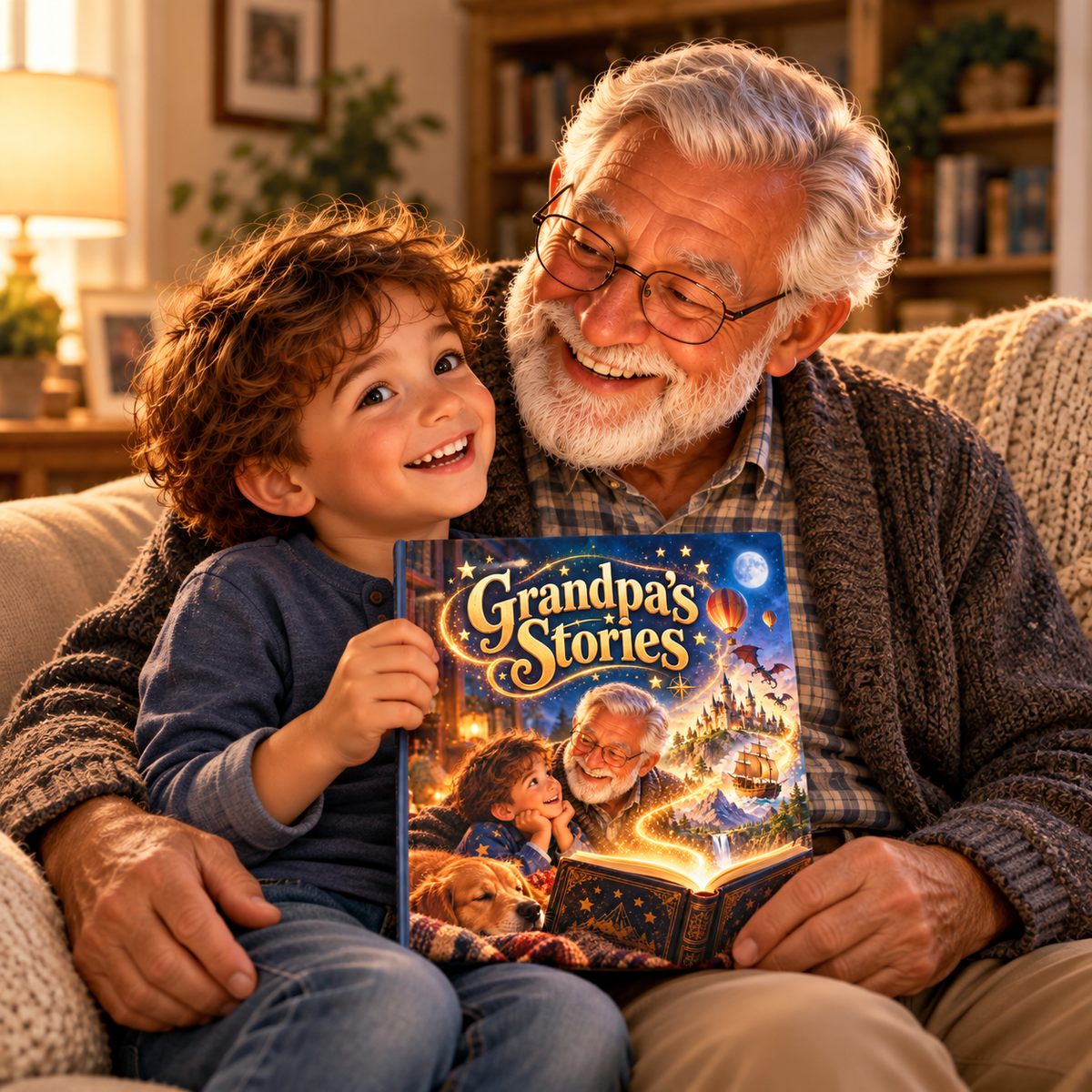 Child holding the Grandpa's Stories personalised book