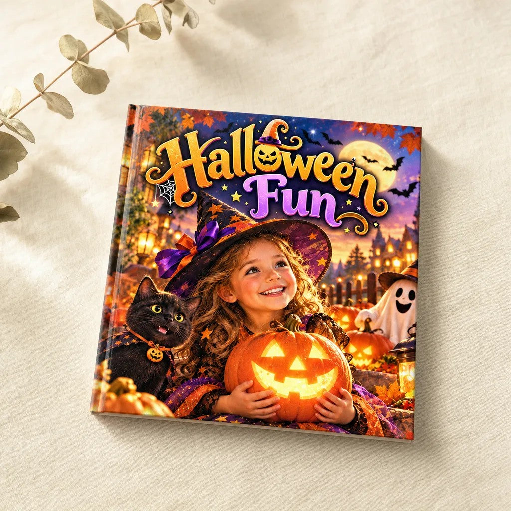 Halloween Fun personalised hardcover book, flat lay