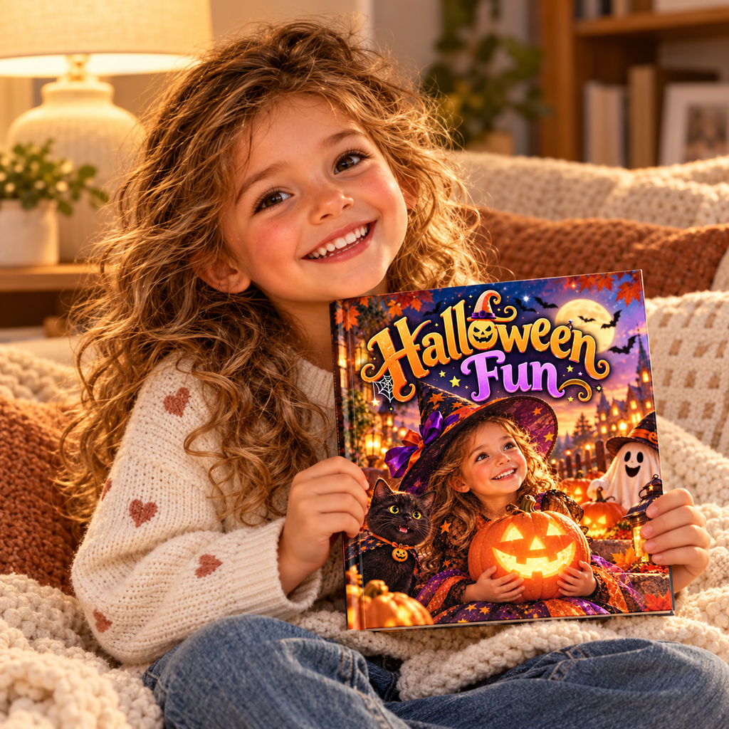 Child holding the Halloween Fun personalised book