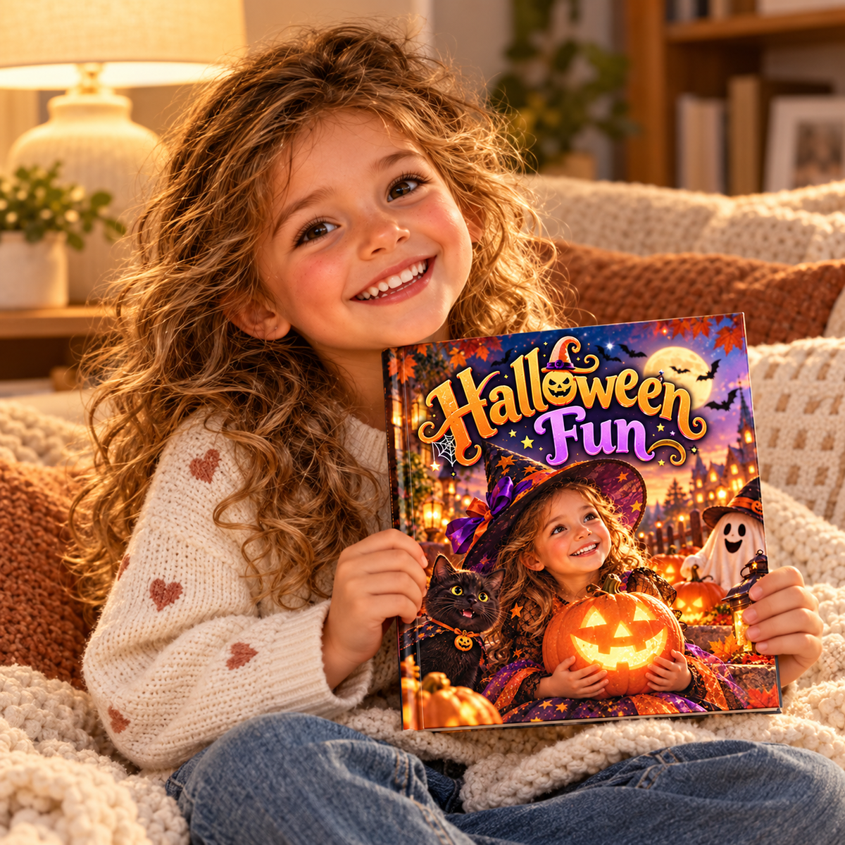 Child holding the Halloween Fun personalised book