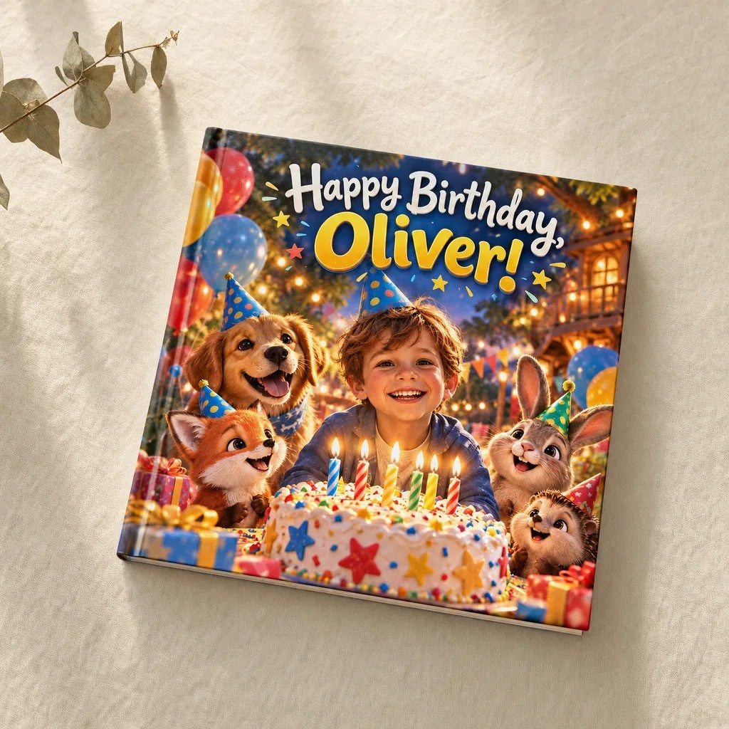 Happy Birthday, Oliver! personalised hardcover book, flat lay