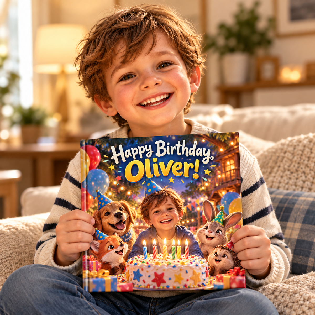 Child holding the Happy Birthday Oliver personalised book
