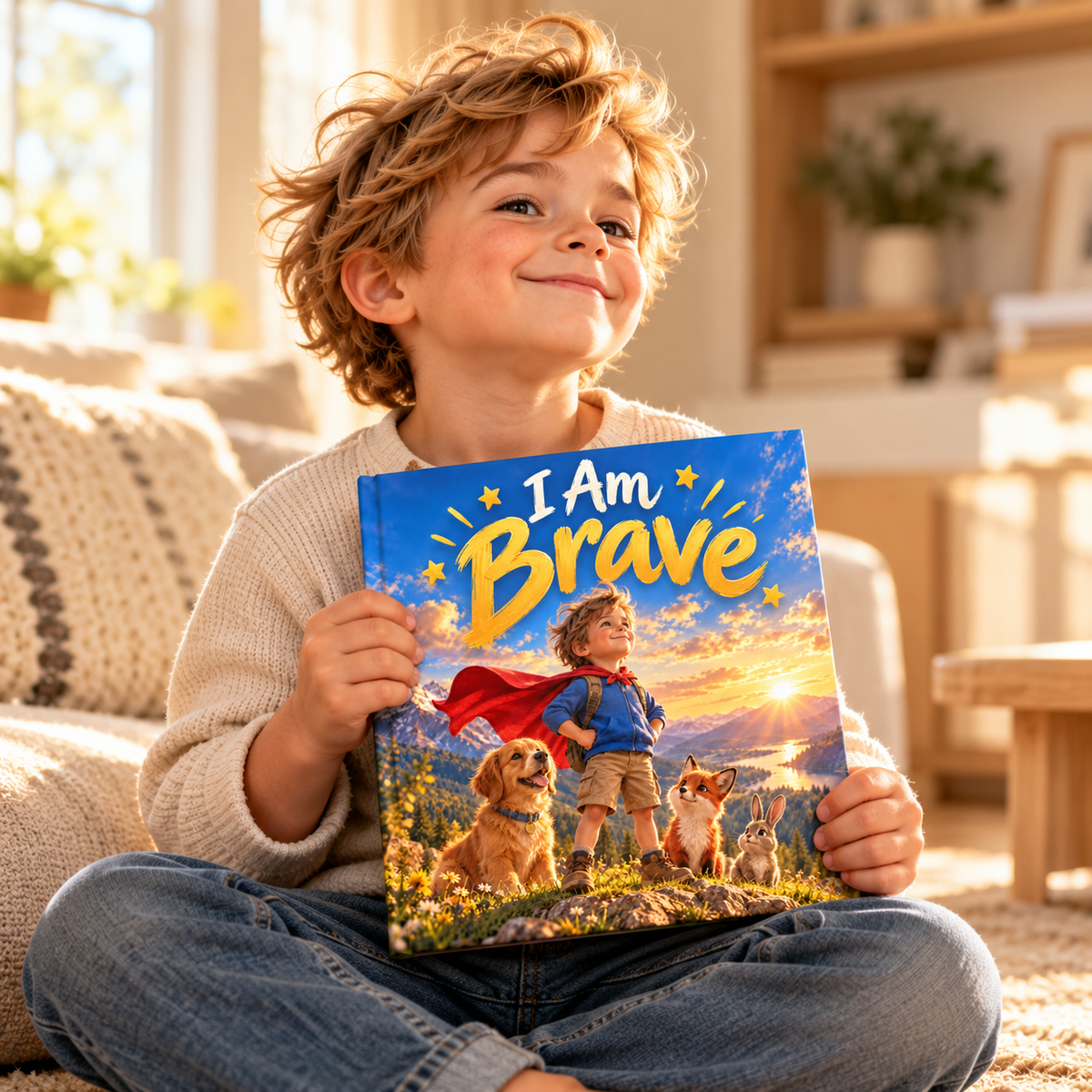 Child holding the I Am Brave personalised book