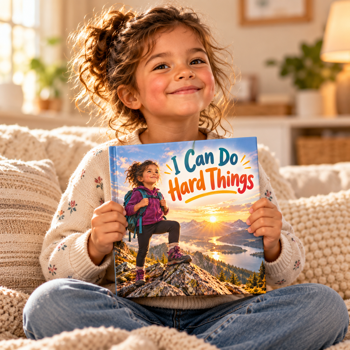 Child holding the I Can Do Hard Things personalised book