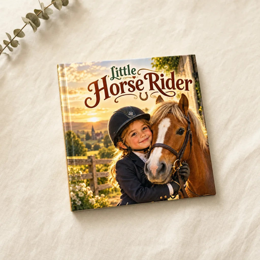 Little Horse Rider personalised hardcover book, flat lay