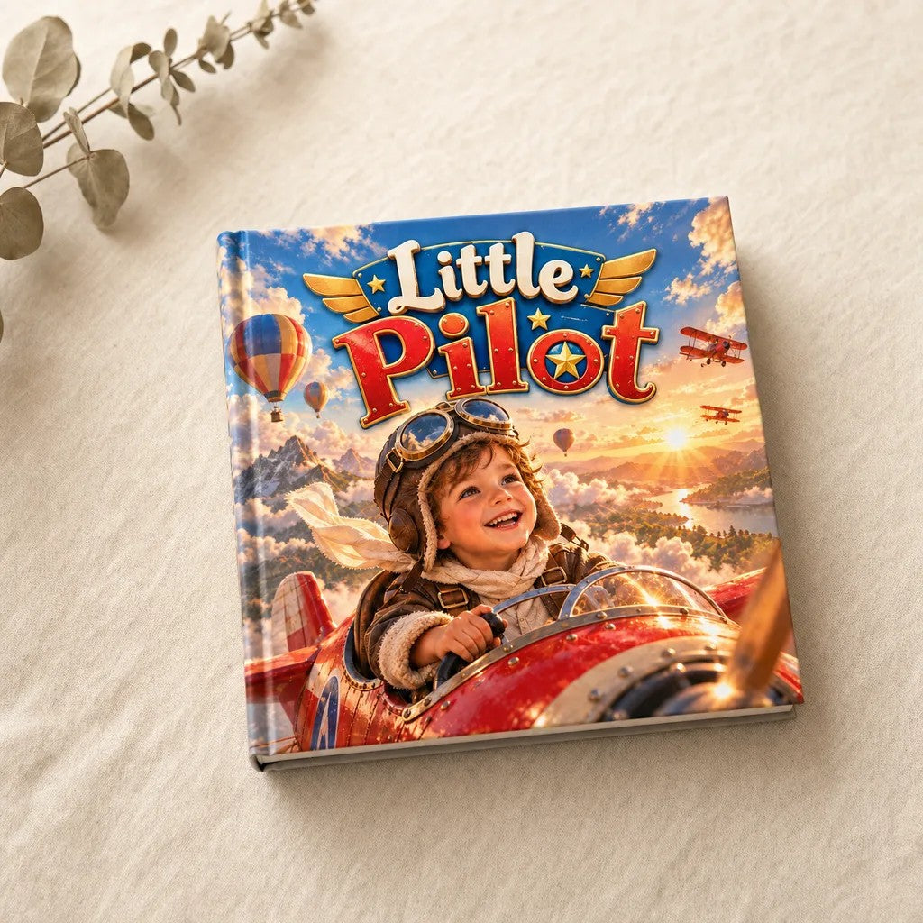 Little Pilot personalised hardcover book, flat lay