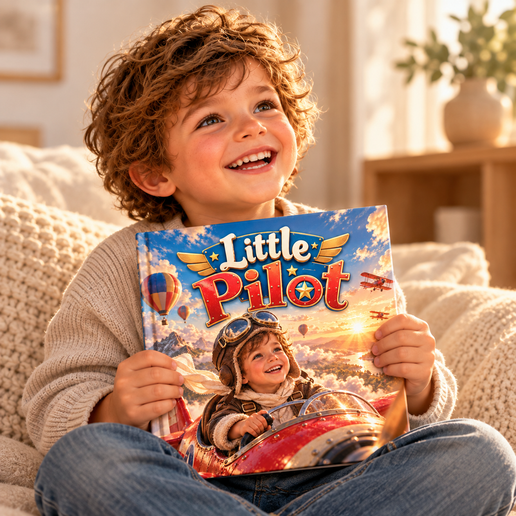 Child holding the Little Pilot personalised book