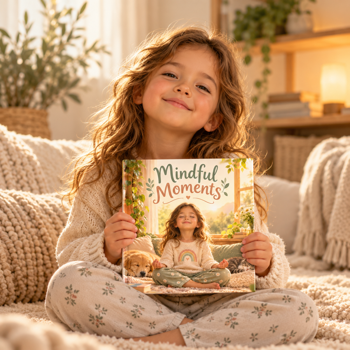 Child holding the Mindful Moments personalised book