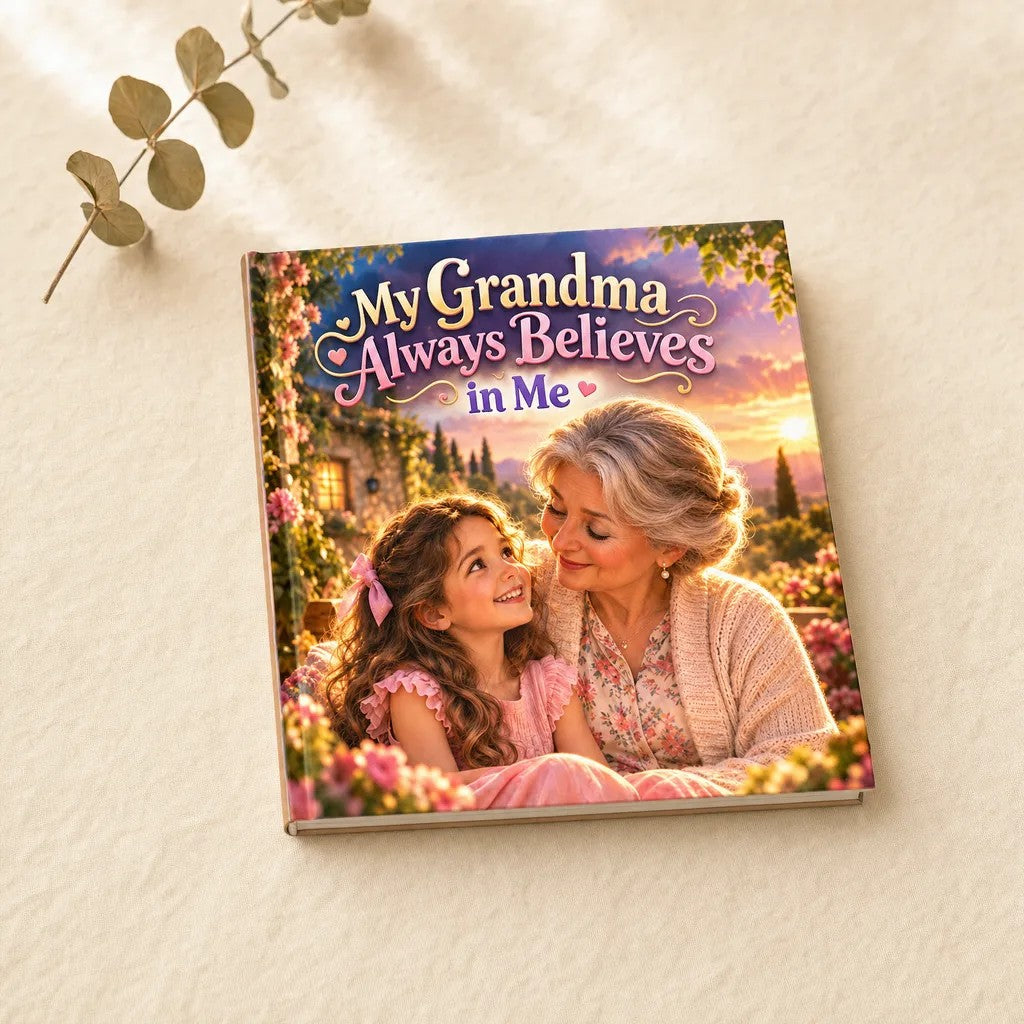 My Grandma Always Believes in Me personalised hardcover book, flat lay