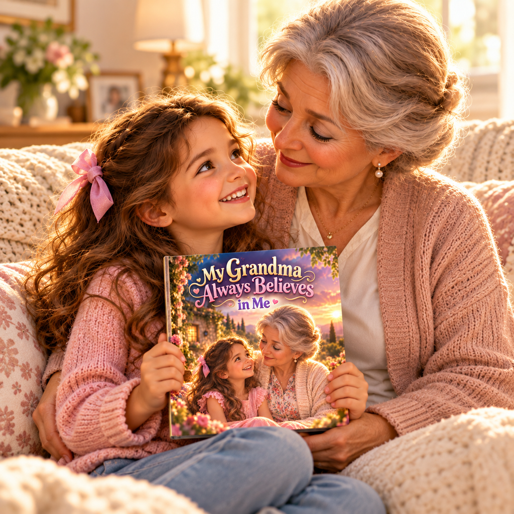 Child holding the My Grandma Always Believes in Me personalised book