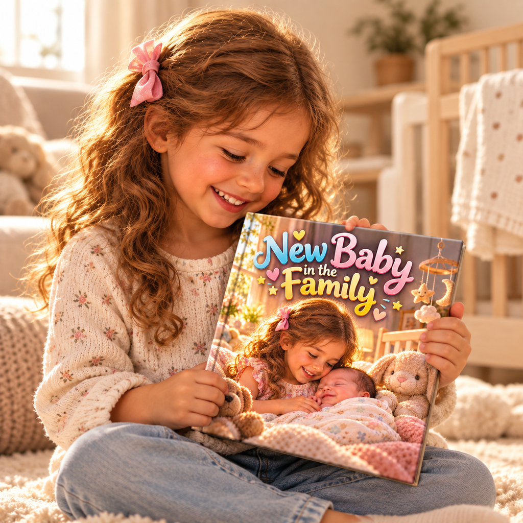 Child holding the New Baby in the Family personalised book
