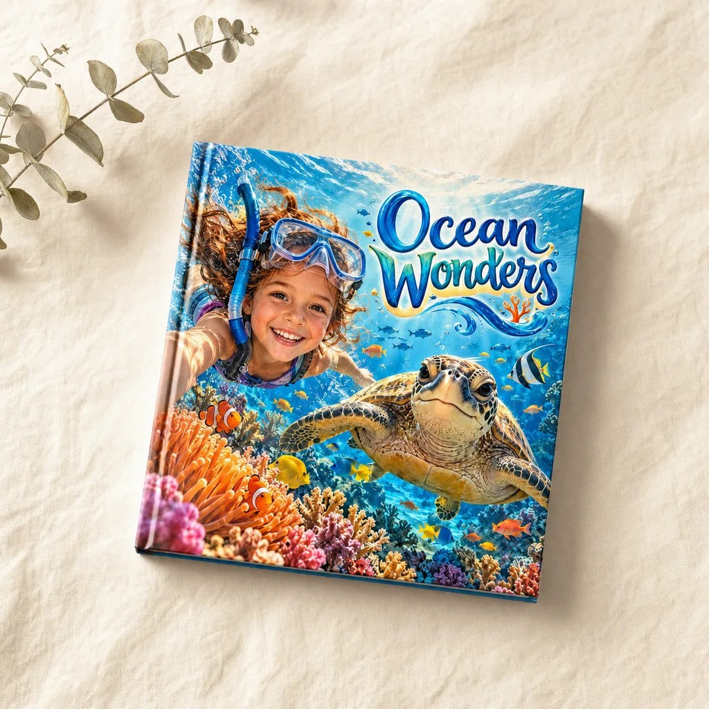 Ocean Wonders personalised hardcover book, flat lay