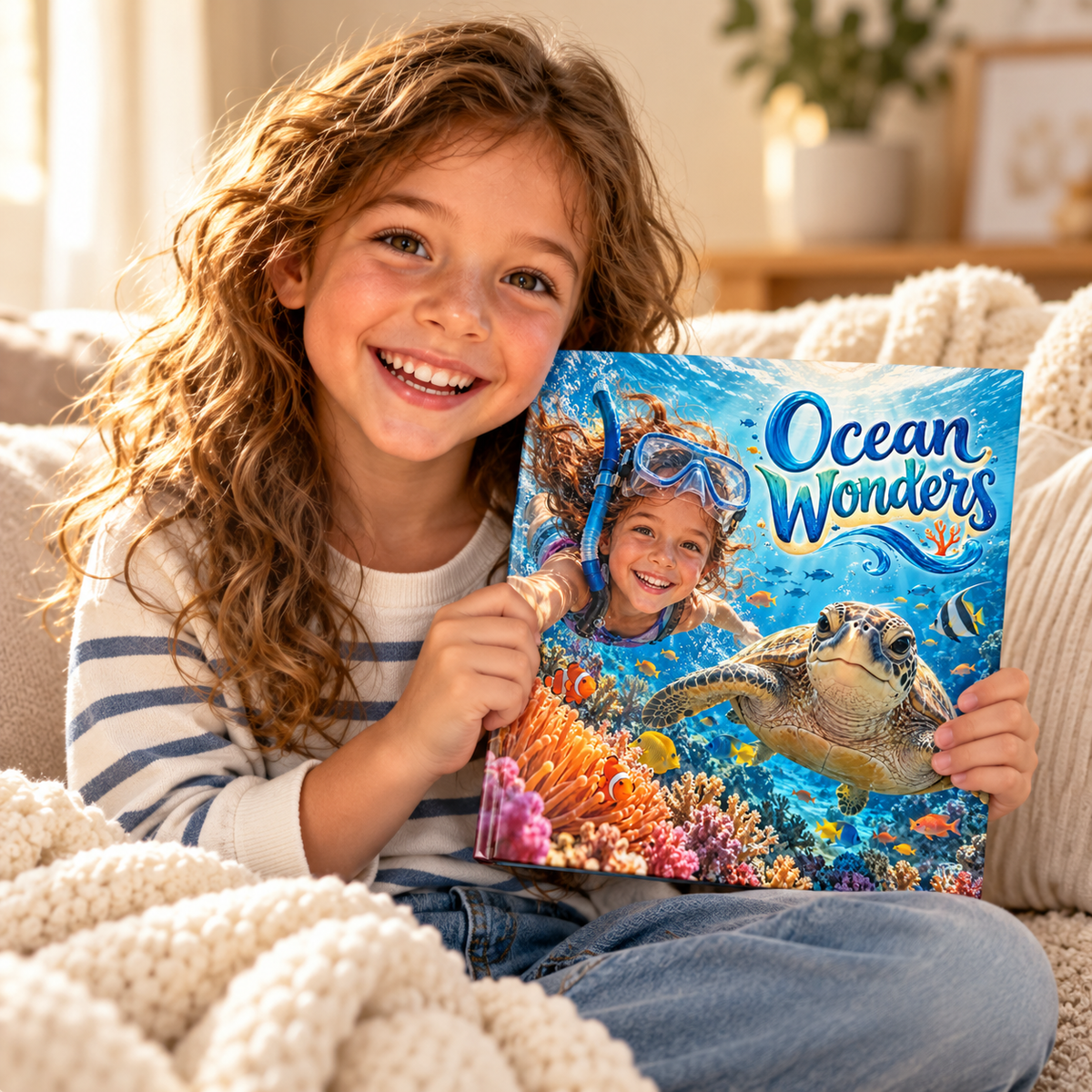 Child holding the Ocean Wonders personalised book