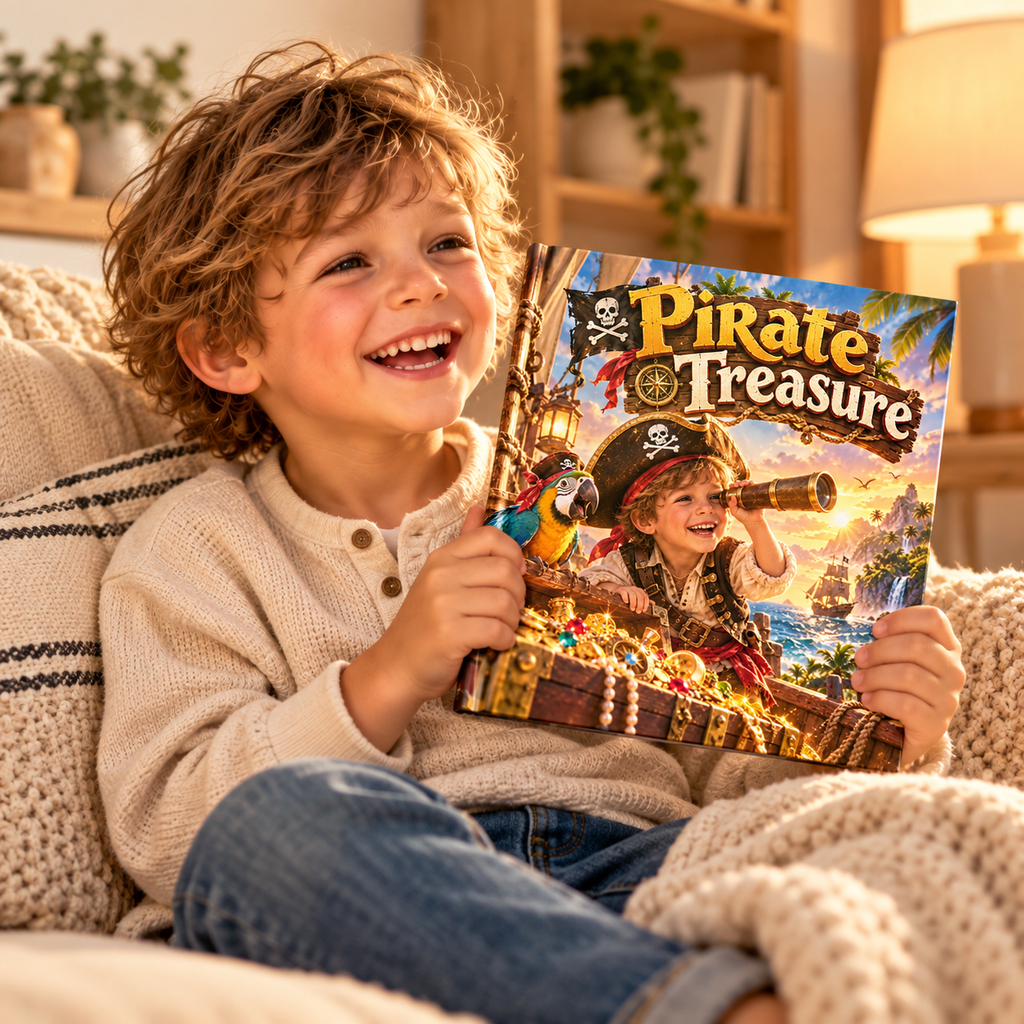 Child holding the Pirate Treasure personalised book