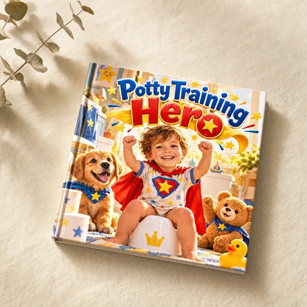 Potty Training Hero personalised hardcover book, flat lay