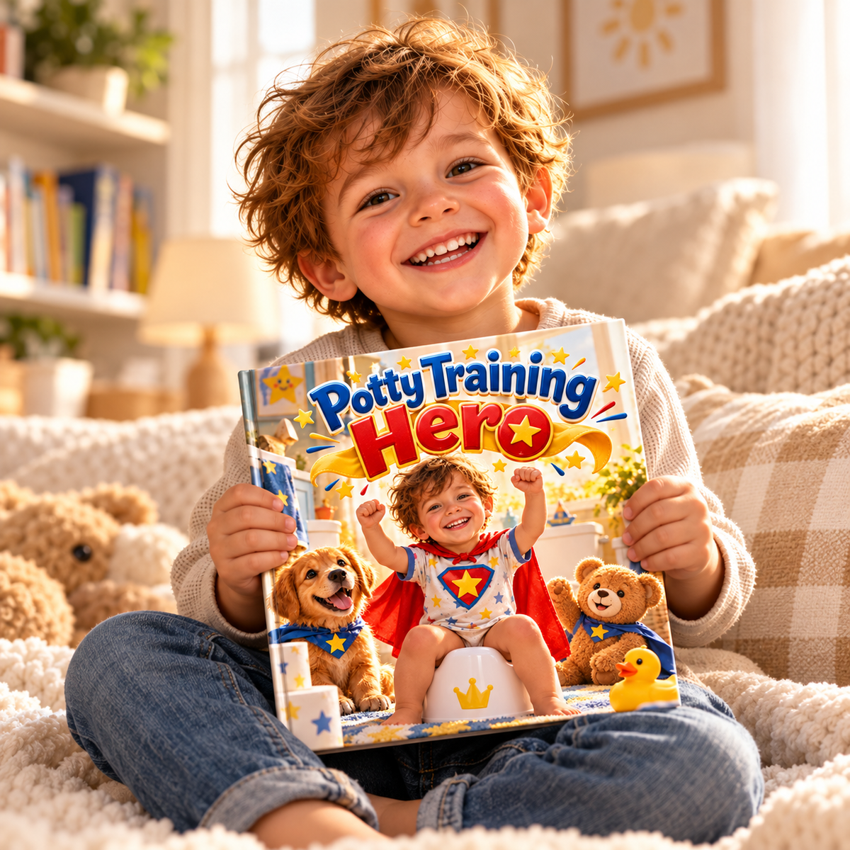 Child holding the Potty Training Hero personalised book
