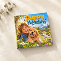 Puppy Adventures personalised hardcover book, flat lay