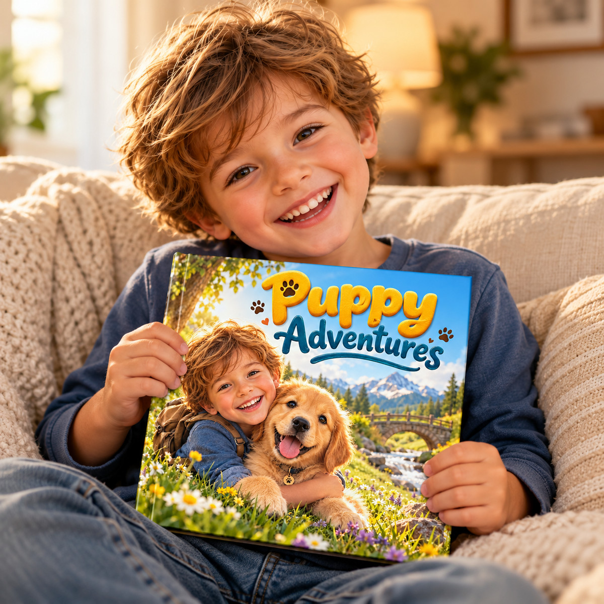 Child holding the Puppy Adventures personalised book