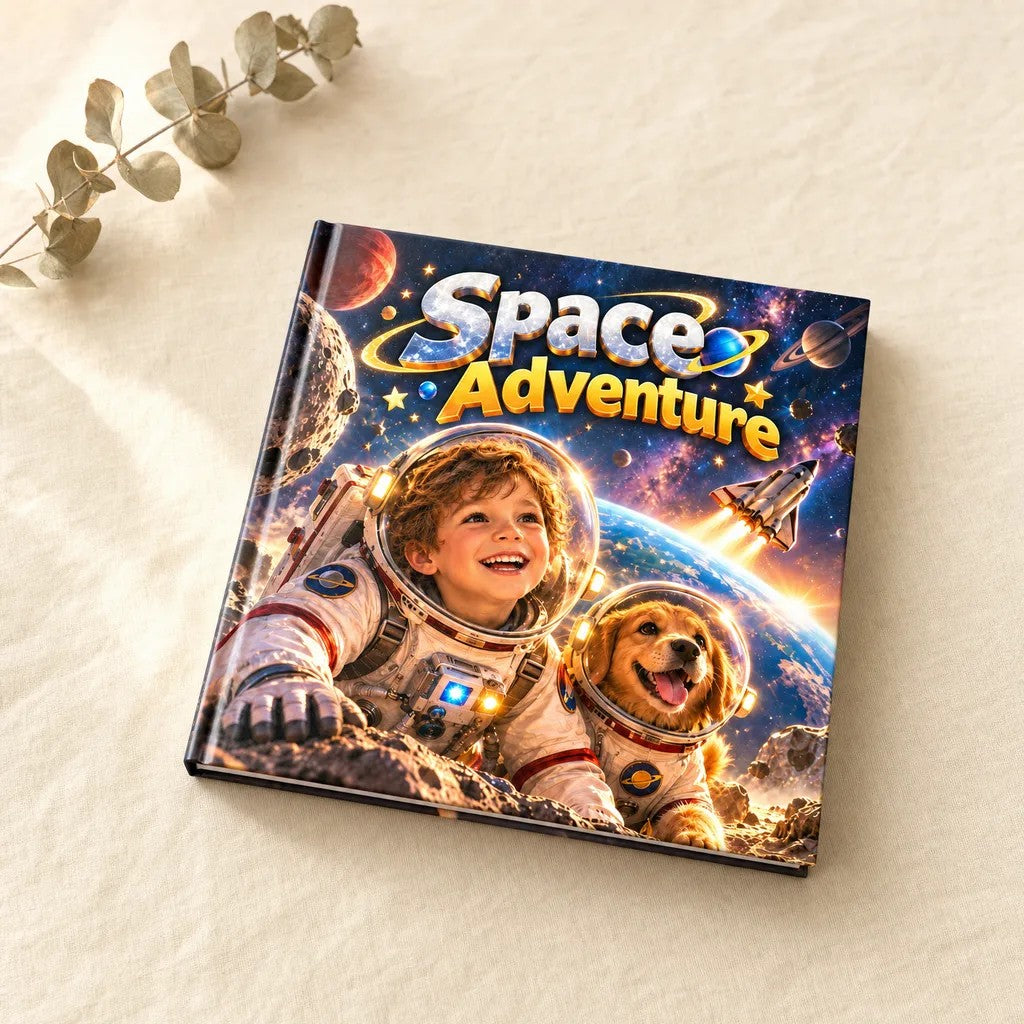 Space Adventure personalised hardcover book, flat lay