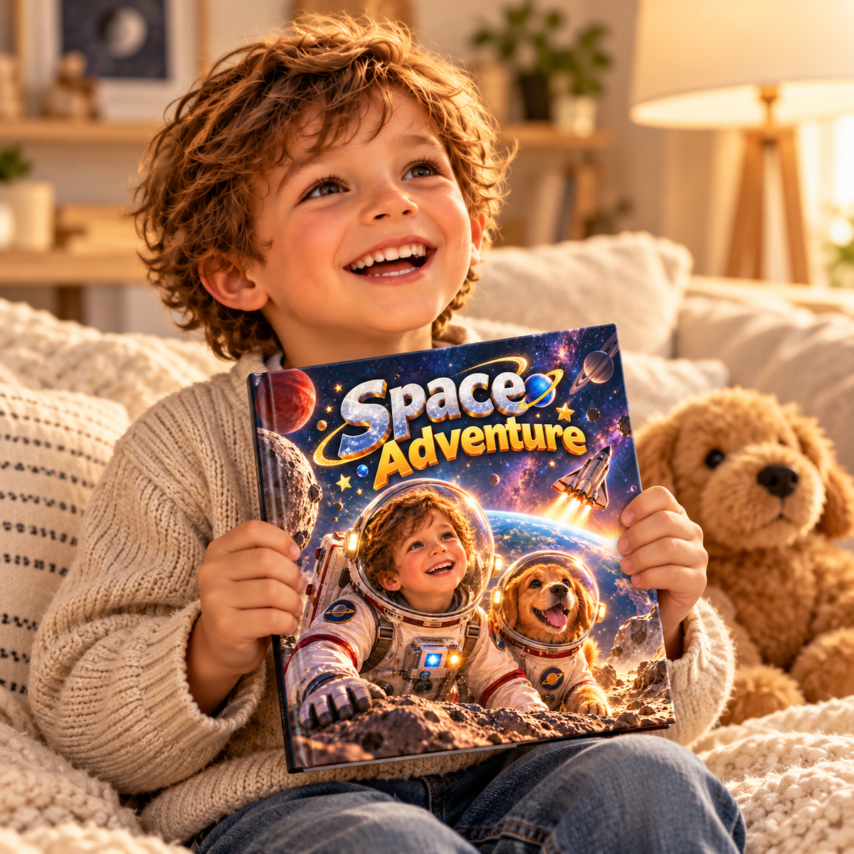 Child holding the Space Adventure personalised book