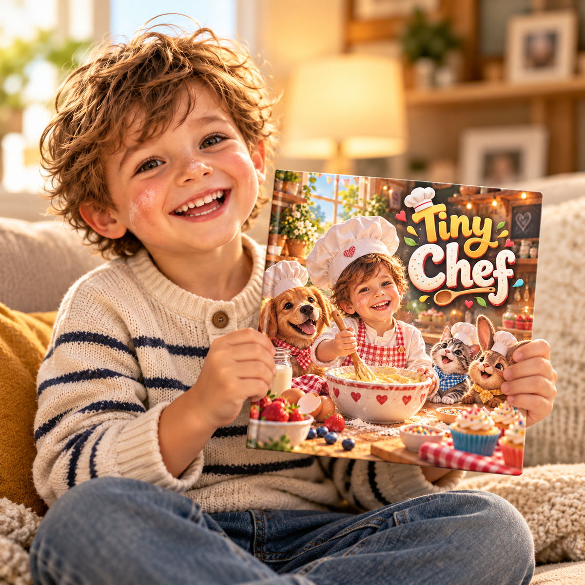 Child holding the Tiny Chef personalised book